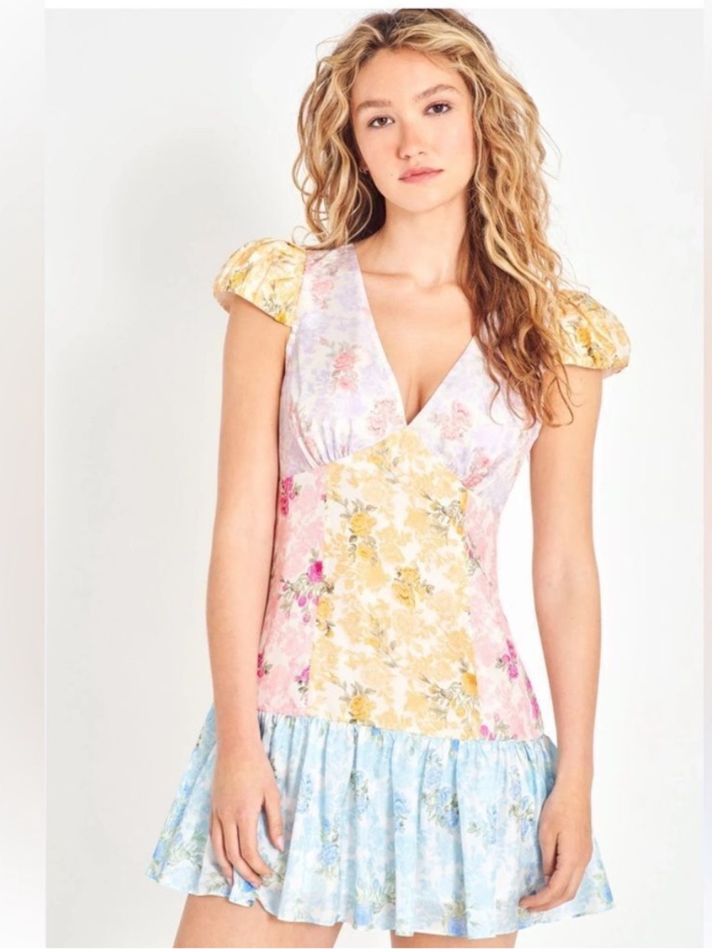 LOVESHACKFANCY Russ Silk Floral Print Mini Dress. Pink, Blue and Yellow print. - Picture 2 of 16
